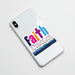 A die-cut sticker featuring the word 'Faith' in large, colorful letters (navy, pink, orange, purple, and blue) above the phrase 'as small as a mustard seed can move mountains' and the Bible verse 'matthew 17:20'. The bottom of the sticker has a layered blue mountain design on a white background.