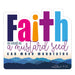 A die-cut sticker featuring the word 'Faith' in large, colorful letters (navy, pink, orange, purple, and blue) above the phrase 'as small as a mustard seed can move mountains' and the Bible verse 'matthew 17:20'. The bottom of the sticker has a layered blue mountain design on a white background.