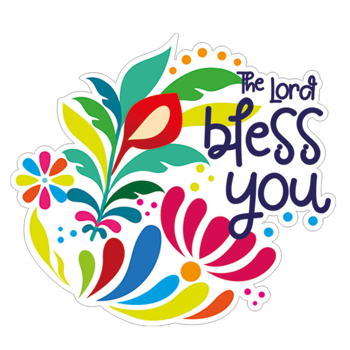 A colorful die-cut sticker featuring the text 'The Lord bless you' in dark blue script, surrounded by vibrant retro-style floral and leaf illustrations in red, pink, blue, green, yellow, and orange on a white background.