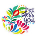 A colorful die-cut sticker featuring the text 'The Lord bless you' in dark blue script, surrounded by vibrant retro-style floral and leaf illustrations in red, pink, blue, green, yellow, and orange on a white background.
