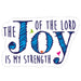 A die-cut sticker featuring the inspirational quote 'THE JOY OF THE LORD IS MY STRENGTH' in dark purple lettering, with the word 'JOY' filled with a textured blue scribble pattern and small colorful birds in green, orange, and pink.