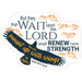 A die-cut sticker featuring a Bible verse from Isaiah 40:31 (KJV) with a dark blue eagle carrying yellow text, set against a white background with orange mountain illustrations.