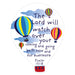 A die-cut sticker or decal shaped like a hot air balloon, featuring the Bible verse Psalm 121:8 ('The Lord will watch over your coming and going both now and for evermore') in dark blue lettering, alongside illustrations of colorful striped hot air balloons and blue clouds on a white background.