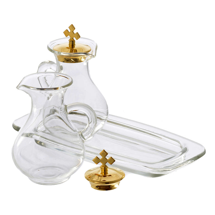 Small Glass Cruet Set With Gold Plated Stoppers and Glass Tray, Size 9cm / 3.5 Inches