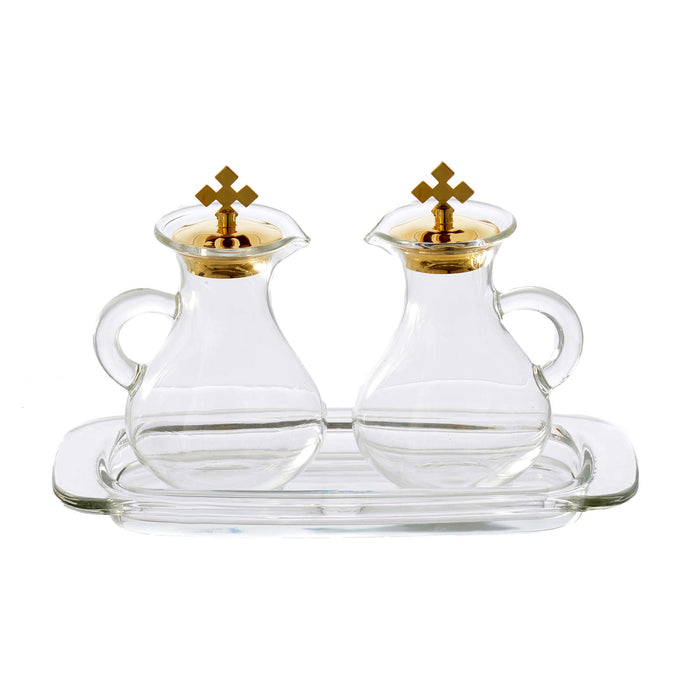 Small Glass Cruet Set With Gold Plated Stoppers and Glass Tray, Size 9cm / 3.5 Inches