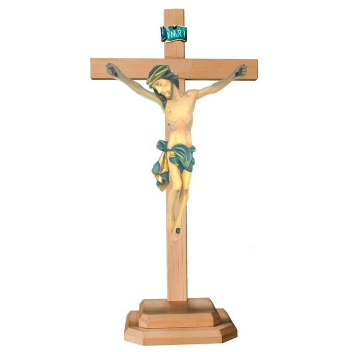 Standing Carved Crucifix, Body of Christ with Blue Loincloth Set on a Light Coloured Cross, Available In 8 Sizes