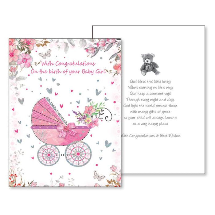 With Congratulations On The Birth of Your Baby Girl -  3D Greeting Card With Prayer On The Inside