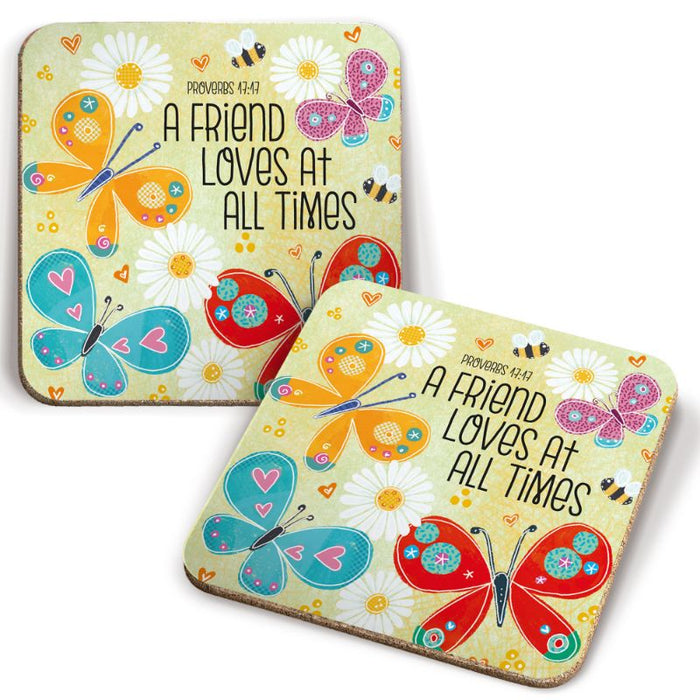 A Friend Loves At All Times Butterfly Design, Coaster With Bible Verse Proverbs 17:17 Size 9.5cm / 3.75 Inches Square