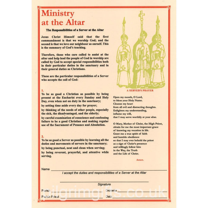 Altar Servers, Ministry At The Altar Certificate, Pack of 5 Quality Parch Marque Card A4 Size Printed In Gold, Red and Black