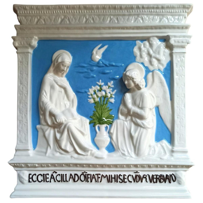 Annunciation Della Robbia Ceramic Plaque 34cm / 13.5 Inches High With Bible Verse Luke 1:38