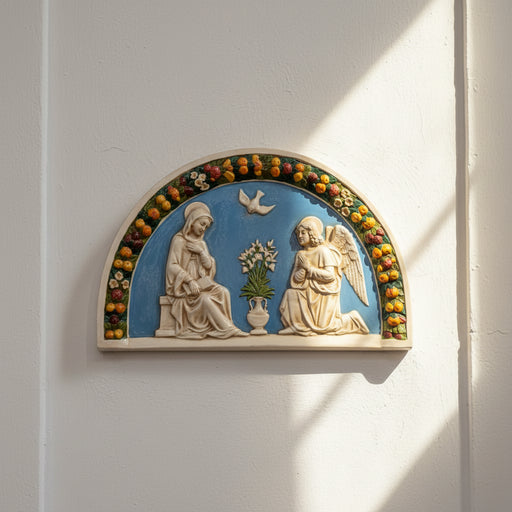 Decorative plaque with religious figures and floral elements on a white background