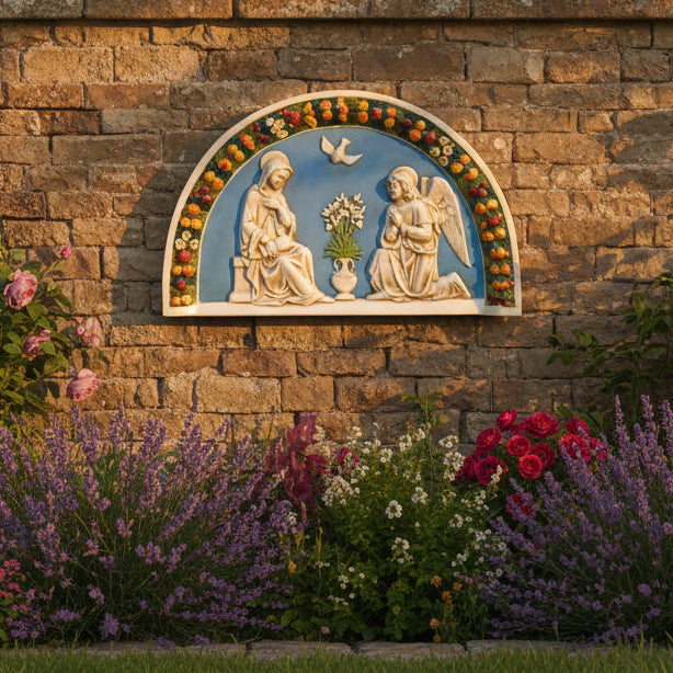 Decorative plaque with religious figures and floral elements on a white background