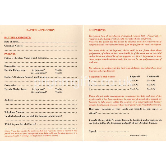 Baptism Application Form, Folded A5 Size Pack of 5 On Quality Cream Card