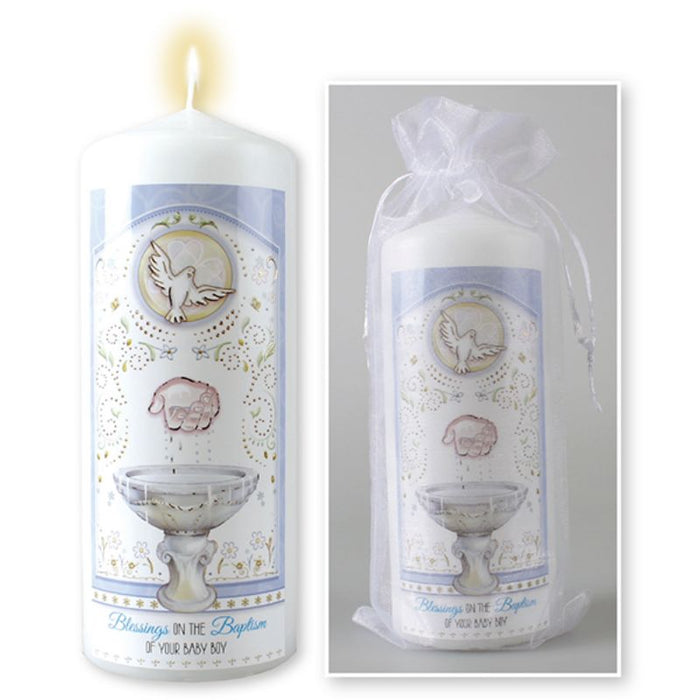 Baptism Candle For a Boy, Organza Gift Bagged 6 Inches / 15cm High