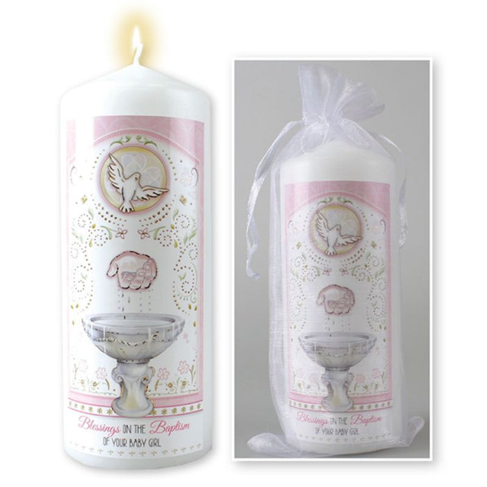 Baptism Candle For a Girl, Organza Gift Bagged 6 Inches / 15cm High