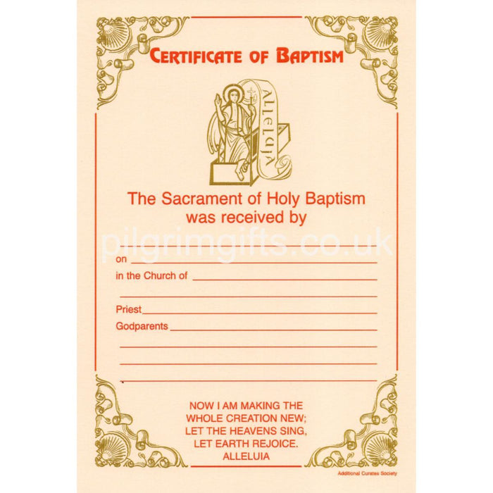 Baptism Certificate - Allelulia, Pack of 10 A5 Size Cream Coloured Card With Red and Gold Colouring