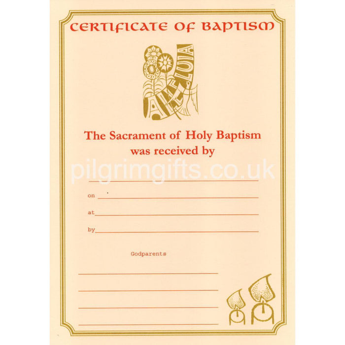 Baptism Certificate - Allelulia, Pack of 5 A4 Size With Red and Gold Colouring