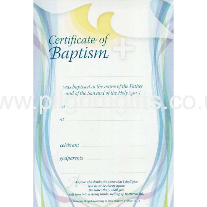 Baptism Certificate - Cross and Flowing Water Design Available In 2 Pack Sizes