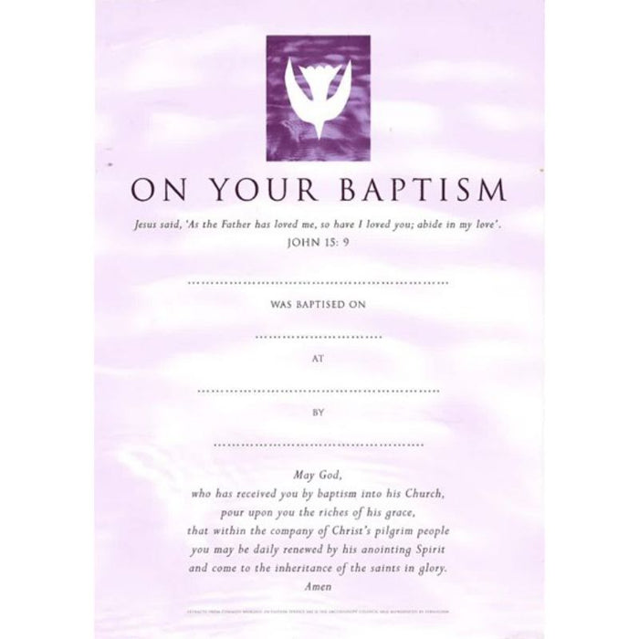 Baptism Certificate, Pack of 20 A5 Size Light Mauve Coloured