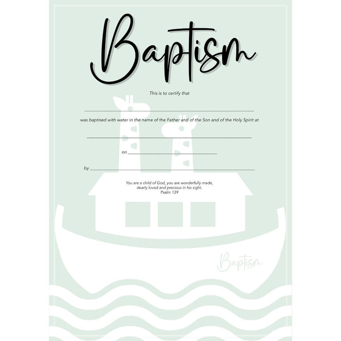 Baptism Certificate With Bible Verse - Ark Design for a Child, Pack Of 10 A5 Size