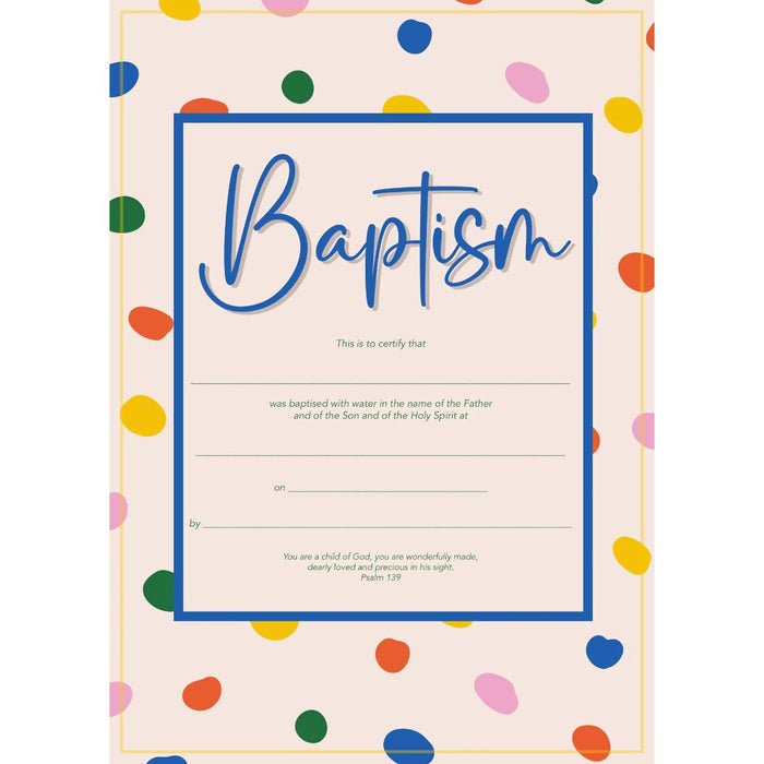 Baptism Certificate With Bible Verse - Colourful Dots Design for a Child, Pack Of 10 A5 Size