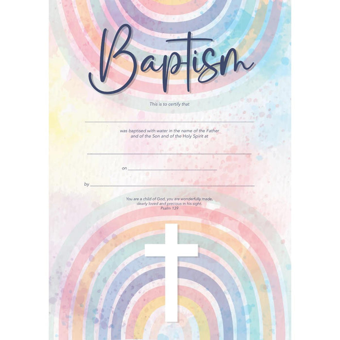 Baptism Certificate With Bible Verse - Cross and Rainbow Design for a Child, Pack Of 10 A5 Size