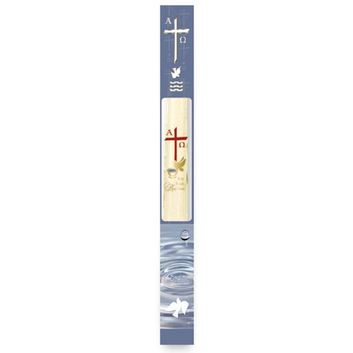 Baptismal Candle With 25% Beeswax, Boxed with a Gold and Red Symbolic Baptism Transfer, 10 Inches High