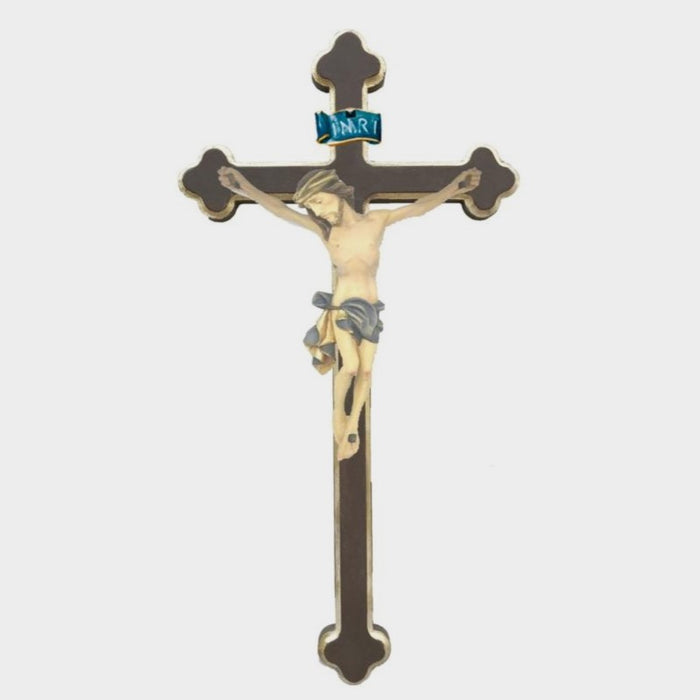 Baroque Style Carved Crucifix, Body of Christ With Blue Loincloth, Set on a Plain Dark Brown & Gold Edged Cross, Available In 8 Size