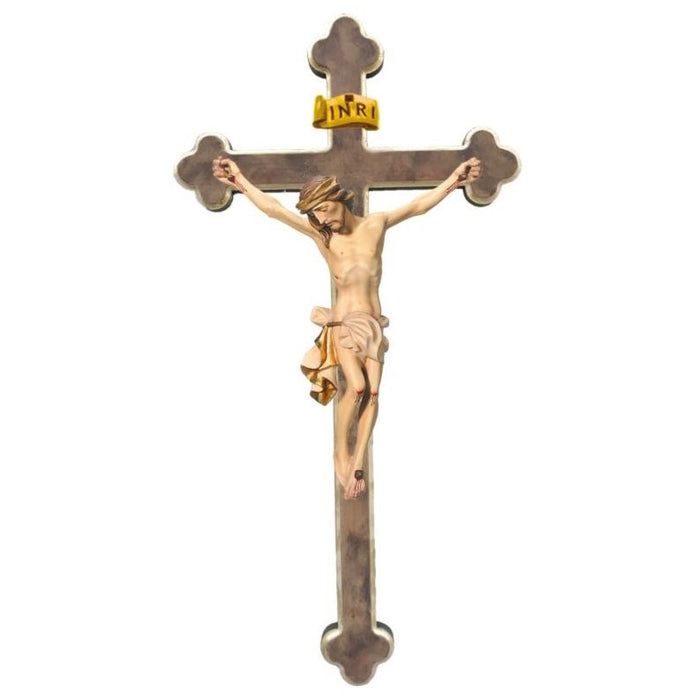 Baroque Style Carved Crucifix, Body of Christ With Cream/White Coloured Loincloth, Set on a 3 Tone Light Brown & Gold Edged Cross, Available In 8 Size