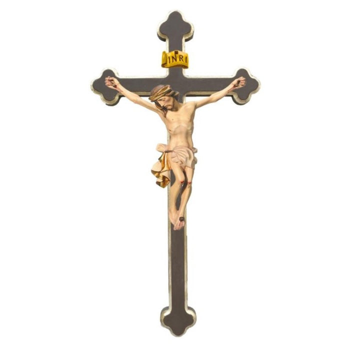 Baroque Style Carved Crucifix, Body of Christ With Cream/White Loincloth, Set on a Plain Dark Brown & Gold Edged Cross, Available In 8 Size