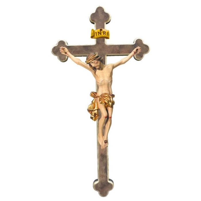 Baroque Style Carved Crucifix, Body of Christ With Gilded Loincloth, Set on a 3 Tone Light Brown & Gold Edged Cross , Available In 8 Size
