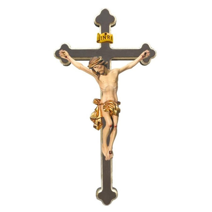 Baroque Style Carved Crucifix, Body of Christ With Gilded Loincloth, Set on a Plain Dark Brown & Gold Edged Cross, Available In 8 Size