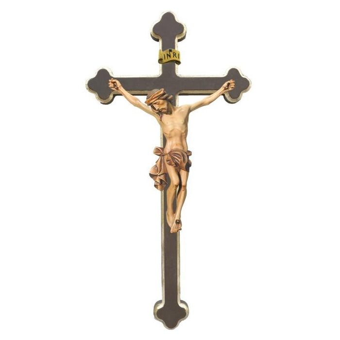 Baroque Style Carved Crucifix, Body of Christ With Natural Coloured Loincloth, Set on a Plain Dark Brown & Gold Edged Cross, Available In 8 Size
