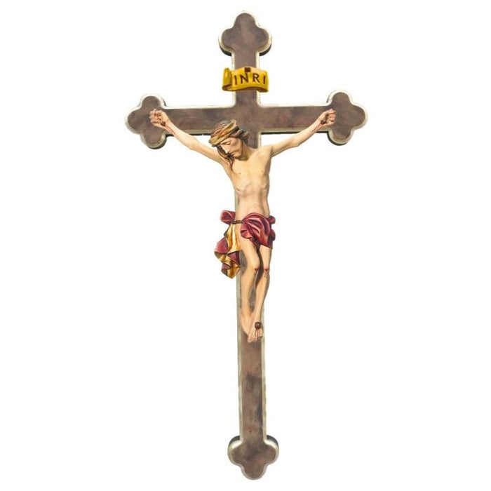Baroque Style Carved Crucifix, Body of Christ With Red Coloured Loincloth, Set on a 3 Tone Light Brown & Gold Edged Cross, Available In 8 Size