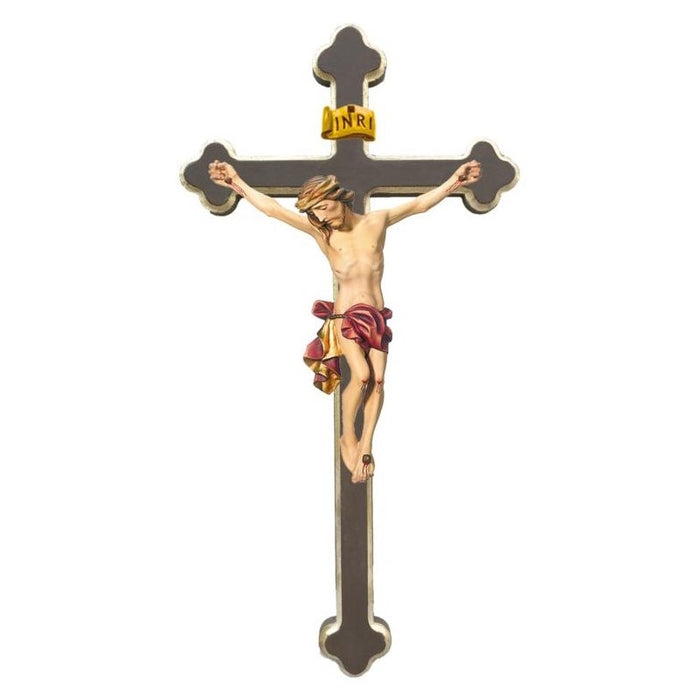Baroque Style Carved Crucifix, Body of Christ With Red Loincloth, Set on a Plain Dark Brown & Gold Edged Cross, Available In 8 Size