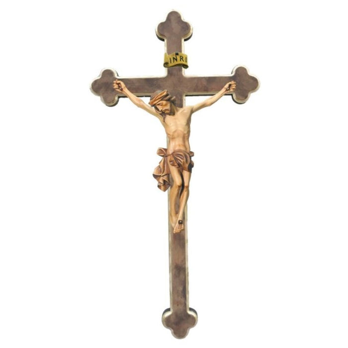 Baroque Style Carved Crucifix, Body of Christ With Natural Coloured Loincloth, Set on a 3 Tone Light Brown & Gold Edged Cross, Available In 8 Size