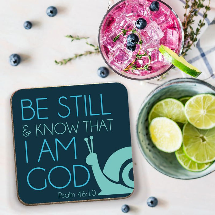 Be Still & Know That I Am God, Coaster Snail Design With Bible Verse Psalm 46:10 Size 9.5cm / 3.75 Inches Square