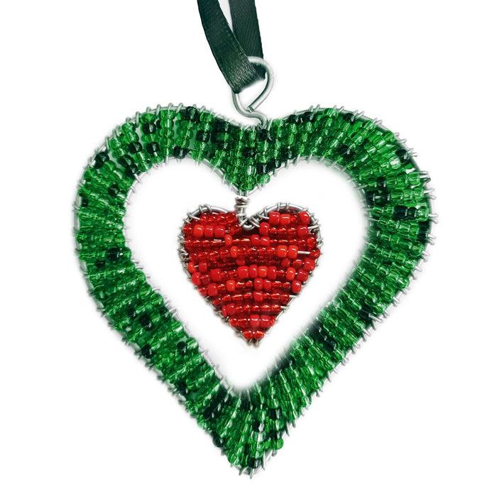 Beaded 2 Hearts, Handmade Christmas Decoration From South Africa 7cm / 2.75 Inches Wide