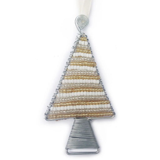 A handmade Christmas tree ornament made of silver and gold seed beads wrapped in silver wire, hanging from a white ribbon on a white background.