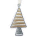 A handmade Christmas tree ornament made of silver and gold seed beads wrapped in silver wire, hanging from a white ribbon on a white background.