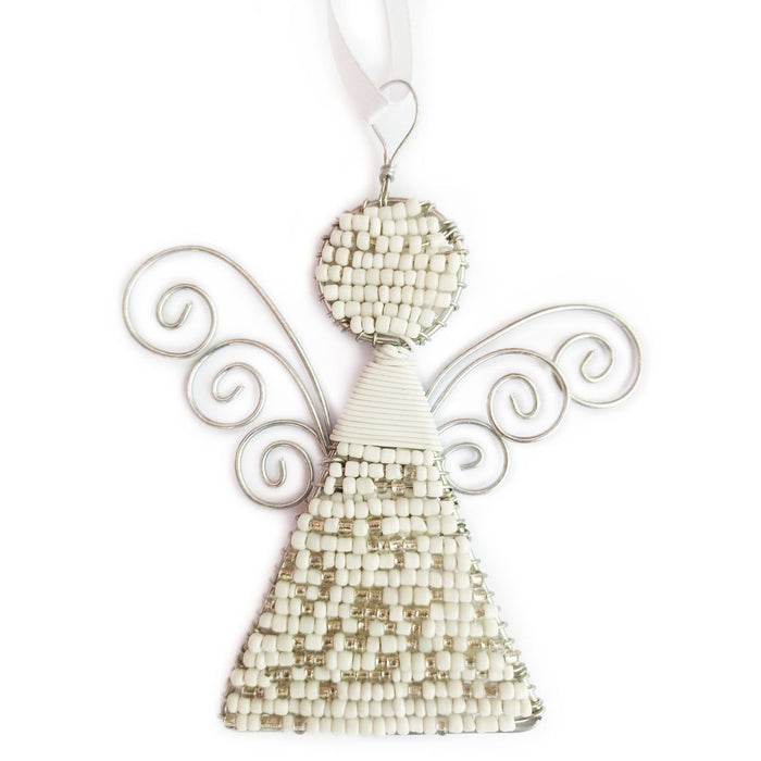 Beaded White & Silver Angel, Handmade Christmas Decoration From South Africa 11cm / 4.25 Inches Wide