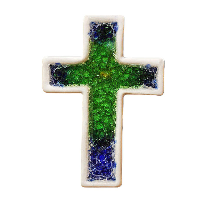 Blue and Green Glazed Ceramic Cross, 12.5cm / 5 Inches High Handmade In The UK