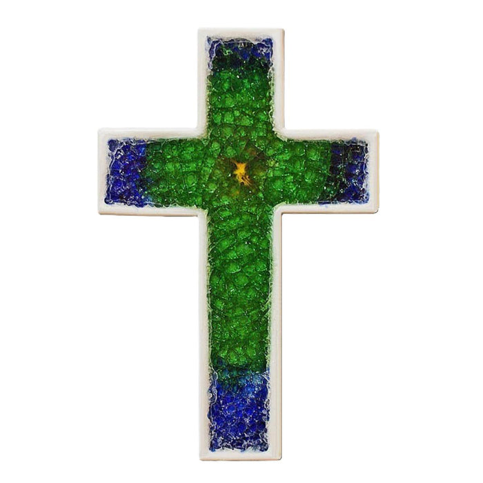Blue and Green Glazed Ceramic Cross, 23cm / 9 Inches High Handmade In The UK