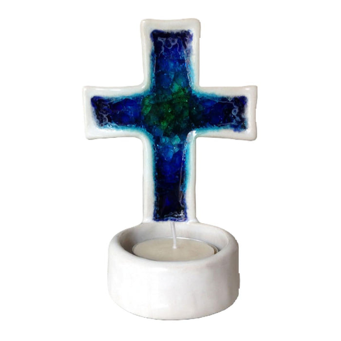 Blue and Green Glazed Ceramic Cross Candle Holder or Holy Water Holder 12.8cm / 5 Inches High Handmade In The UK