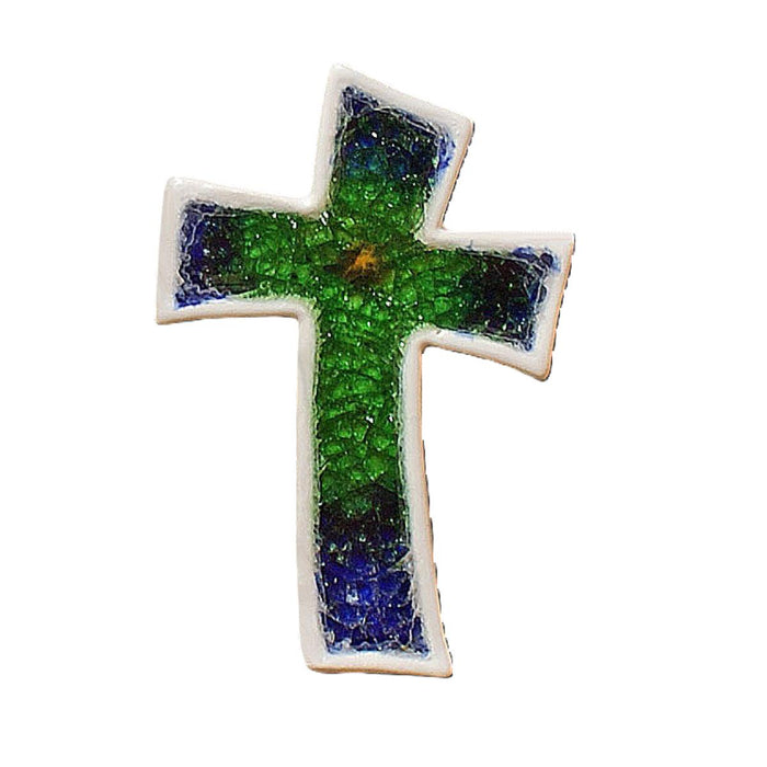 Blue and Green Glazed Ceramic Curved Cross Curved, 17.5cm / 6.75 Inches High Handmade In The UK