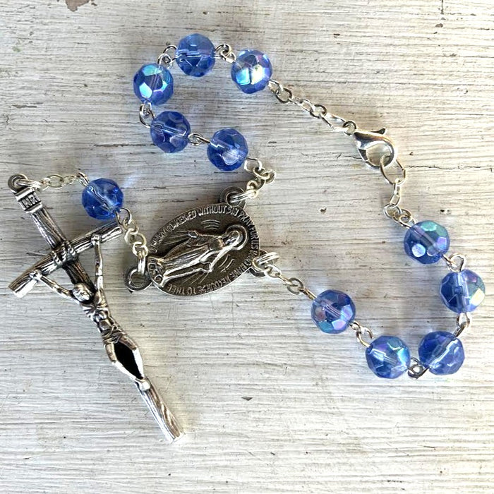 Blue Crystal Glass One Decade Rosary, With Miraculous Medal & Clasp