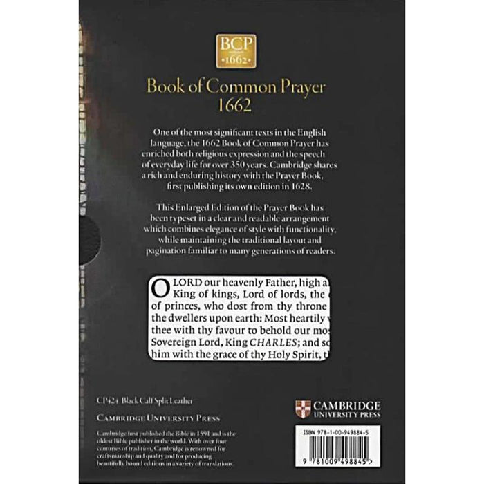 Back cover of the Book of Common Prayer 1662 with text and Cambridge University Press branding.