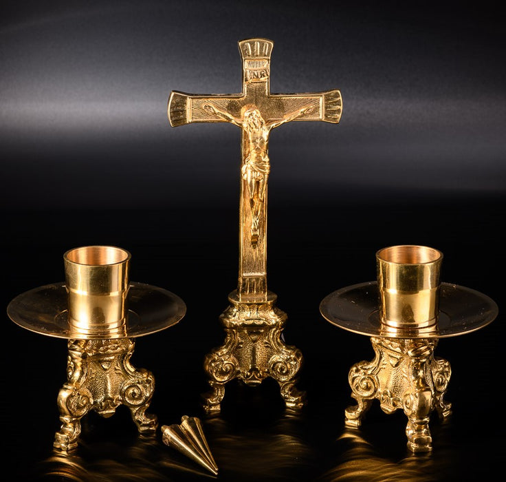 Gold Plated Brass Crucifix, Roccoco Base Design 10.25 Inches / 26cm High