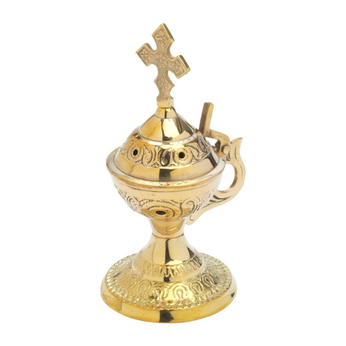 Brass, Traditional Design Incense Burner With Cross Finial, 15cm / 6 Inches High