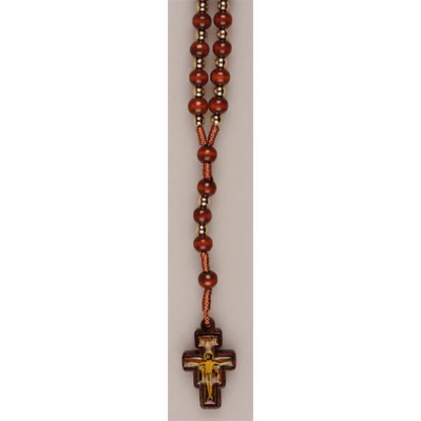 Brown Wood Corded Rosary With San Damiano Crucifix, Round Beads 7mm Diameter